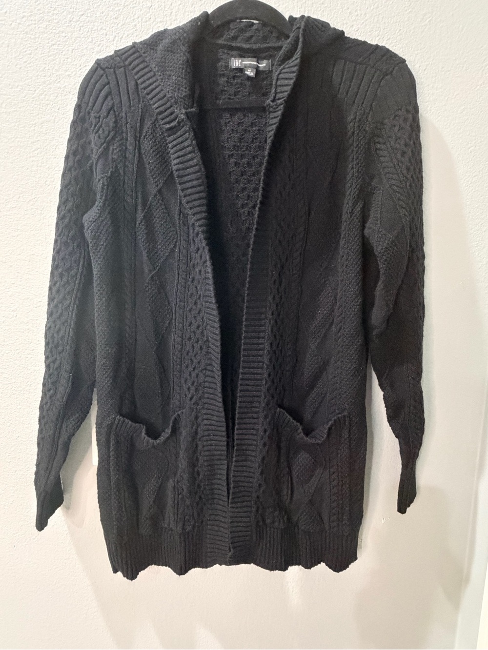 INC International Concepts Black Cable Knit Hooded Cardigan Sweater